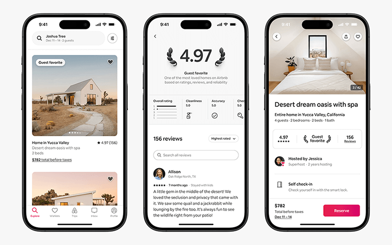 Tres interfaces mobile de la app de Airbnb